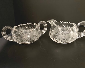 Vintage Cut Crystal Creamer and Sugar Bowl with Etched Floral Design