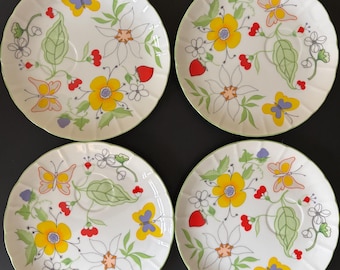 Mid Century Modetn Vintage Snack Plates or Salad Plates with Spring Butterfly Floral Motif, Set of 4
