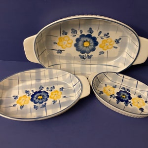 Handpainted Blue, Yellow, and White Floral Bakers Casserole Dishes - Set of 3