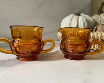 Juego de lechera y azucarero de cristal ámbar vintage de Indiana - Kings Crown