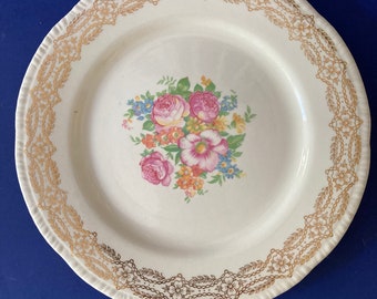 Platos de postre vintage de Homer Laughlin, diseño floral rosa, borde dorado, juego de 2