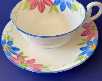 Royal Grafton Made in England Pink und Blau Daisy Floral Teetasse und Untertasse