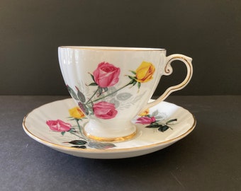 Rosa und Gelbe Rose Teetasse und Untertasse, hergestellt in England