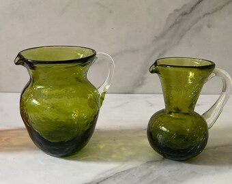 Juego de 2 jarras, cremeras y jarrones pequeños de vidrio craquelado verde vintage