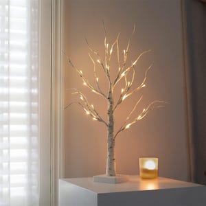 May include: A white birch tree with warm white LED lights, standing on a white pedestal. The tree is on a white surface with a clear glass candle holder.