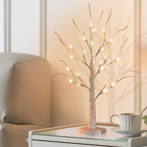 2FT Lighted Winter Birch Tree for Tabletop,Living room Tree with Lights,Warm White 24 LED Battery/USB Powered for Tabletop