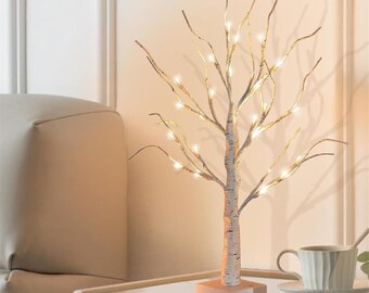 2FT Lighted Winter Birch Tree for Tabletop,Living room Tree with Lights,Warm White 24 LED Battery/USB Powered for Tabletop