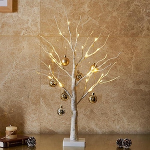 Beautiful,Twig Tree Birch Tabletop Christmas tree,with,Lights and 8 Ornamental Baubles,60 com/2ft