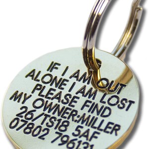 May include: A gold-coloured metal dog tag with a black inscription that reads: "IF I AM OUT ALONE I AM LOST PLEASE FIND MY OWNER:MILLER 26/TS18 5AF 07802 796131".