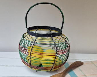 Vintage French red green yellow stripe wire egg fruit vegetable basket Rare compact storage basket Kitchen utensil storage Kitchenalia Gift