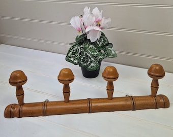 Vintage French Bamboo style wooden coat hooks 1950s Brown 4 peg hook coat rack Faux bamboo wall hooks Hat Rack Mid century Gift