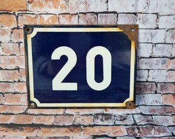 Vintage French enamel navy blue and white house number 20 Traditional enamel house sign French house number plaque Original antique piece