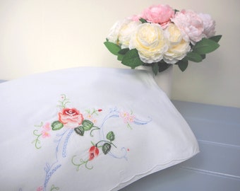 Vintage French pillowcase Rectangular Rose embroidered White cotton pillow sham cushion covers bed linen bedding Fits UK pillow Immaculate