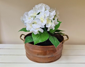 Vintage French copper and brass planter jardinière cache pot with handles Compact oval indoor gardening flower or plant holder Rustic Gift