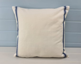 French striped cushion pillow 18in 45cm sq Traditional double navy nautical stripes on premium cream cotton D/S Available with/without pad