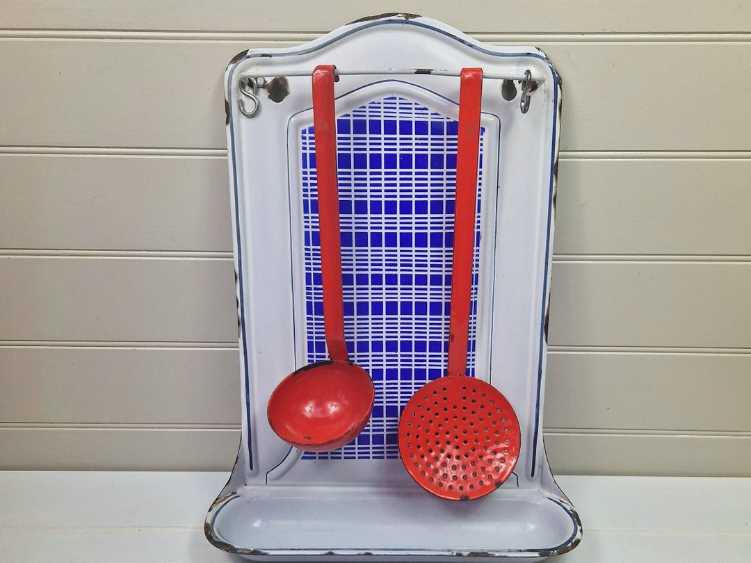 Enamel Spoon Rack Vintage French Enamel Kitchen Rack With 2 Utensils Rare Blue and White ...