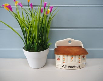 Vintage Allumettes Matches ceramic storage container with wooden lid Floral design on cream Wall hanging or free standing Idea gift