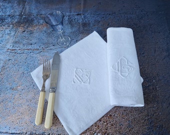 Set 12 vintage French LC or LT monogram large dinner table napkins Serviettes de Table Cotton Trousseau Dinner Party Wedding Dining Gift