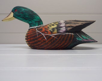 Vintage French painted wooden decoy duck Carved wooden full size Mallard duck Decorative antique Ideal gift