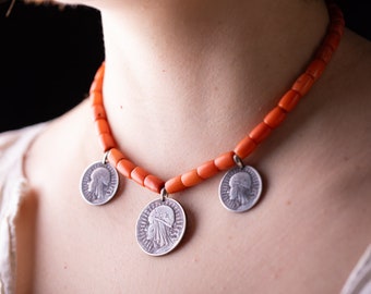 Natural coral necklace with silver authentic coins. Natural real coral beads. Silver beads. Handmade in Ukraine.