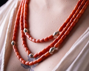 Natural coral necklace for women. Natural real coral beads. Silver beads. Handmade in Ukraine.