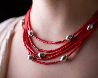 Natural coral necklace for women. Natural real coral beads. Silver beads. Handmade in Ukraine. Red coral.