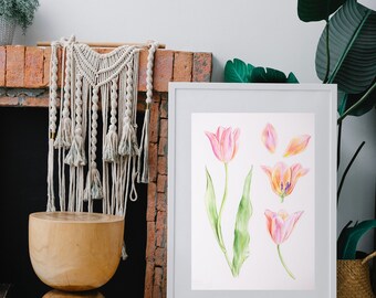 Tulips. Watercolor botanical illustration. Digital print PNG. Printable Wall Art, Flower Print, Instant Download, Botanical Print