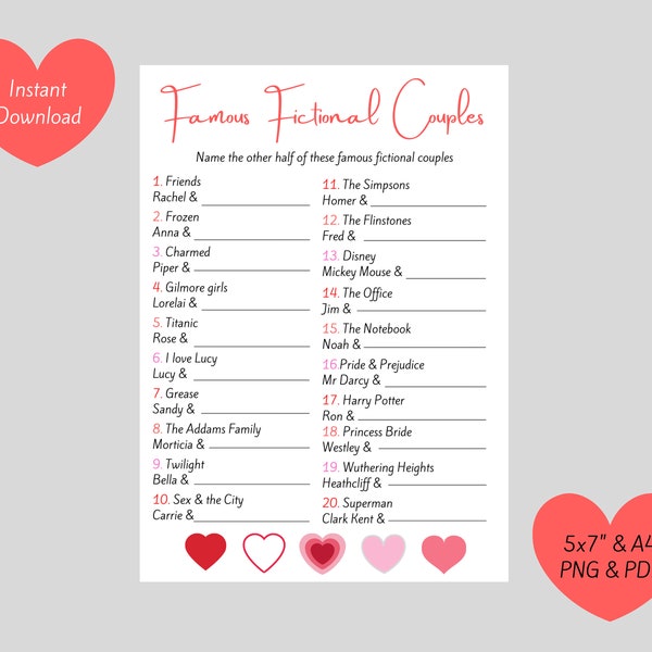 Famous Fictional Couples Game - Love Match Game - Valentine's/ Valentine's Day Printable Activity