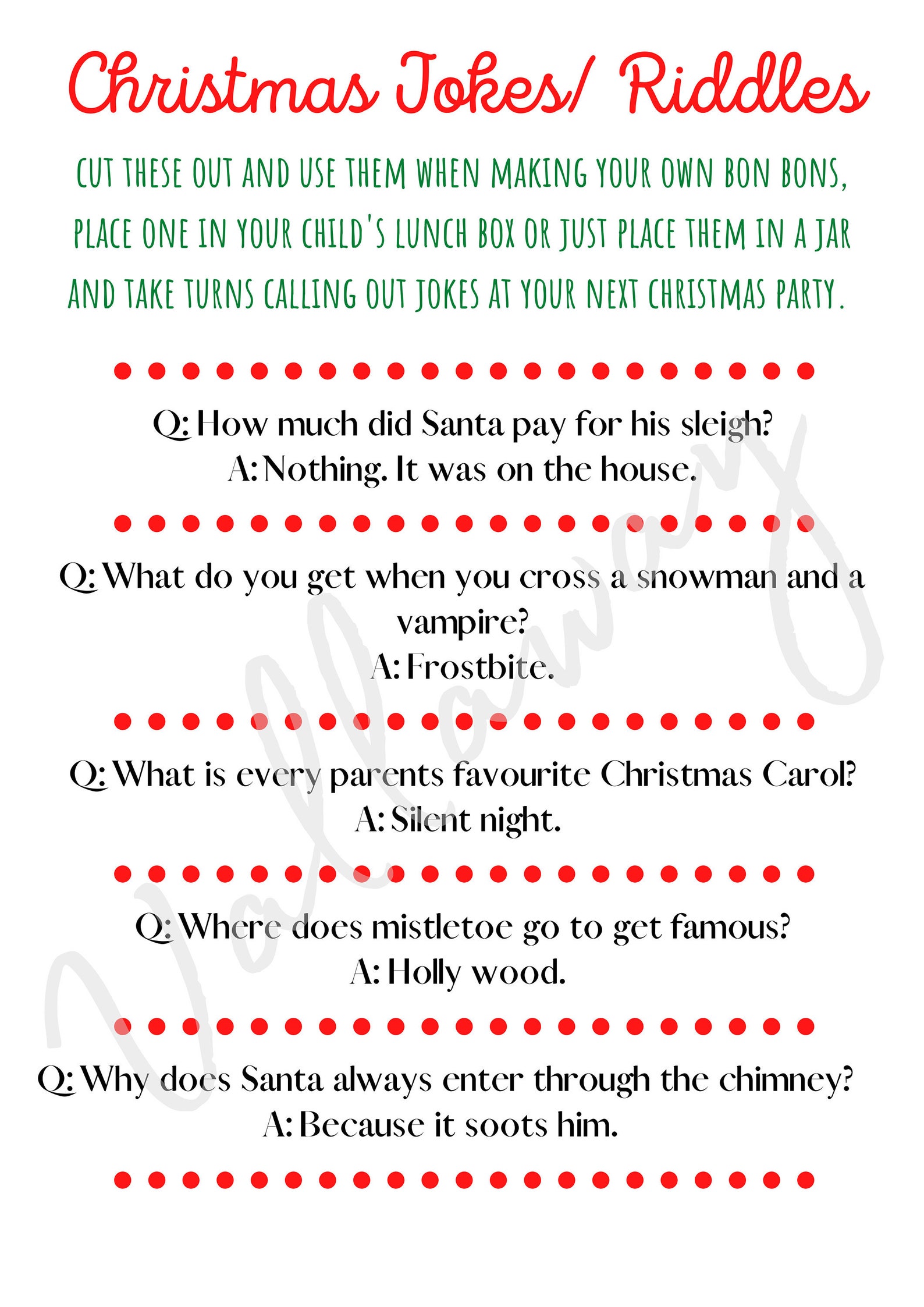 50 Christmas Jokes/ Riddles Printable Kids Lunchbox | Etsy