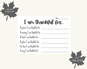 I am thankful for... Thanksgiving activity printable