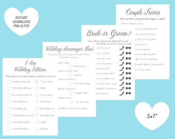 May include: A set of printable wedding games for guests to play at a wedding reception. The games include "I Spy Wedding Edition", "Wedding Scavenger Hunt", "Bride or Groom?" and "Couple Trivia". The games are printed on white paper with grey text and hearts. The games are 12.7 x 17.8 cm.