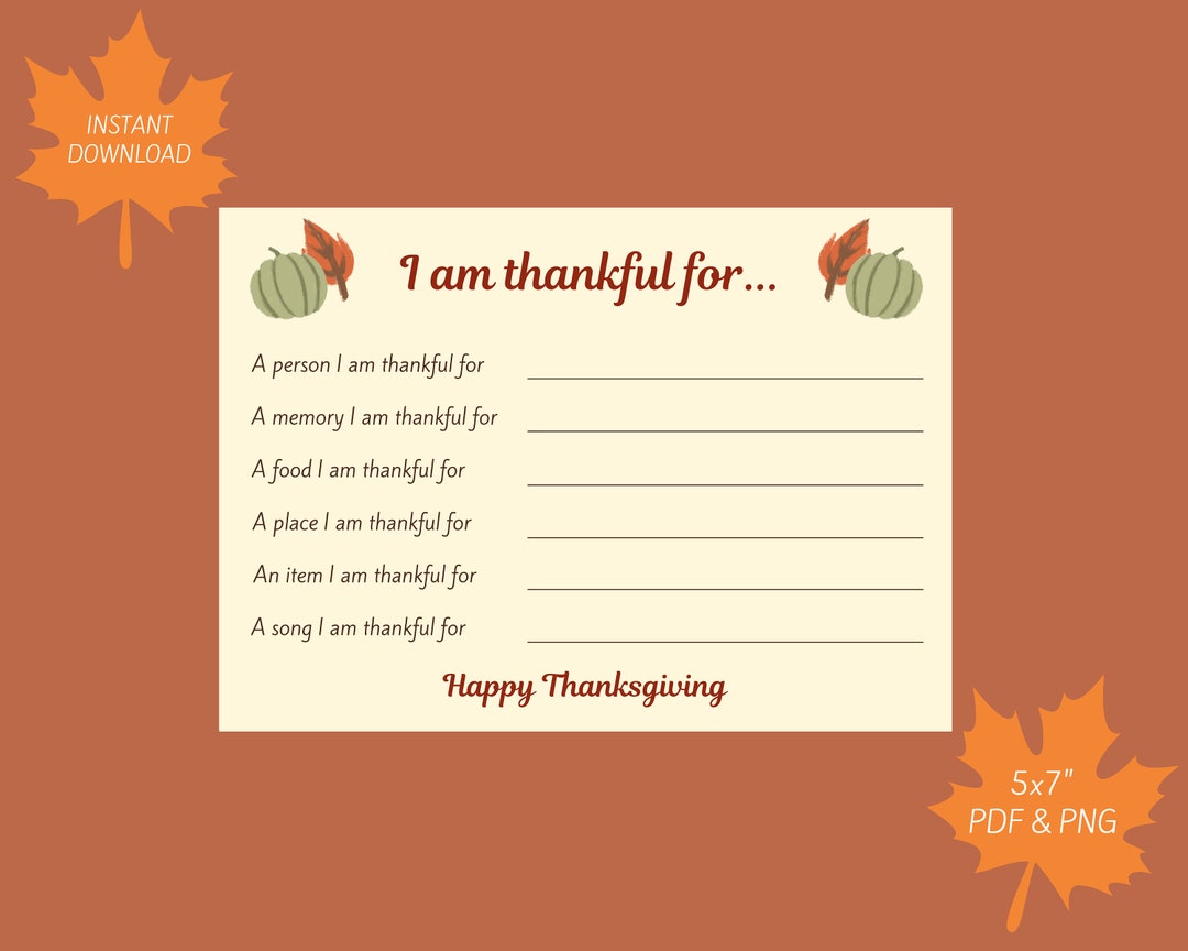 I Am Thankful for - Thanksgiving Printable Activity Card - Etsy