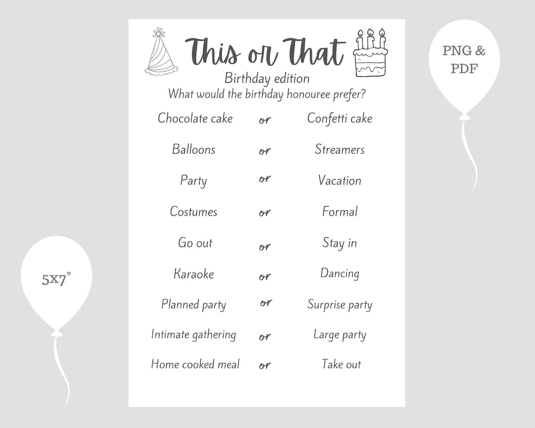 This or That Printable Game - Birthday Edition - Etsy