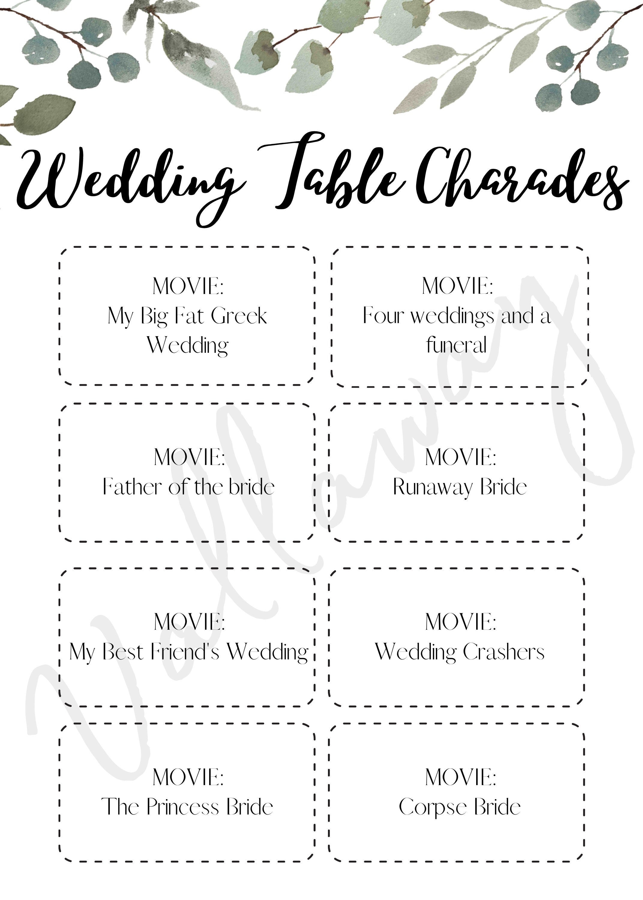 Wedding Table Charades Wedding Game, Bridal Shower Game, Engagement ...