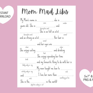 Mom Mad Libs - Mother&#39;s Day/ Mom&#39;s Birthday Family Fun Game