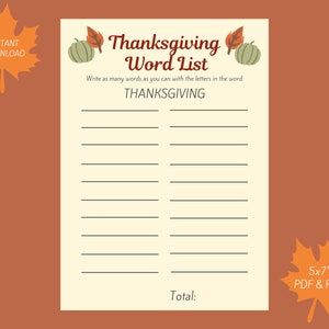 Thanksgiving Word List Printable Game