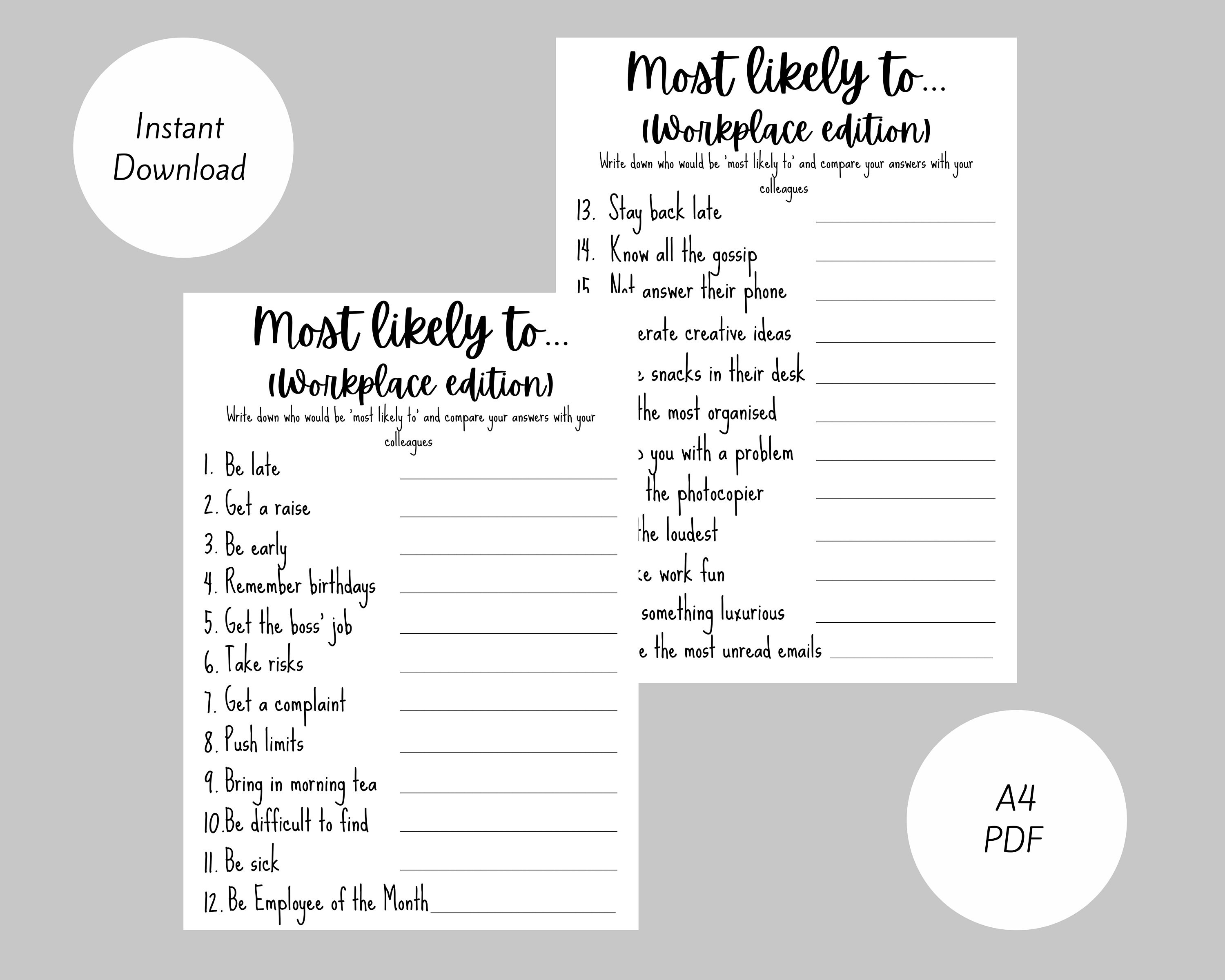 Most likely to... Workplace/ Office Printable Activity - Team Building Game
