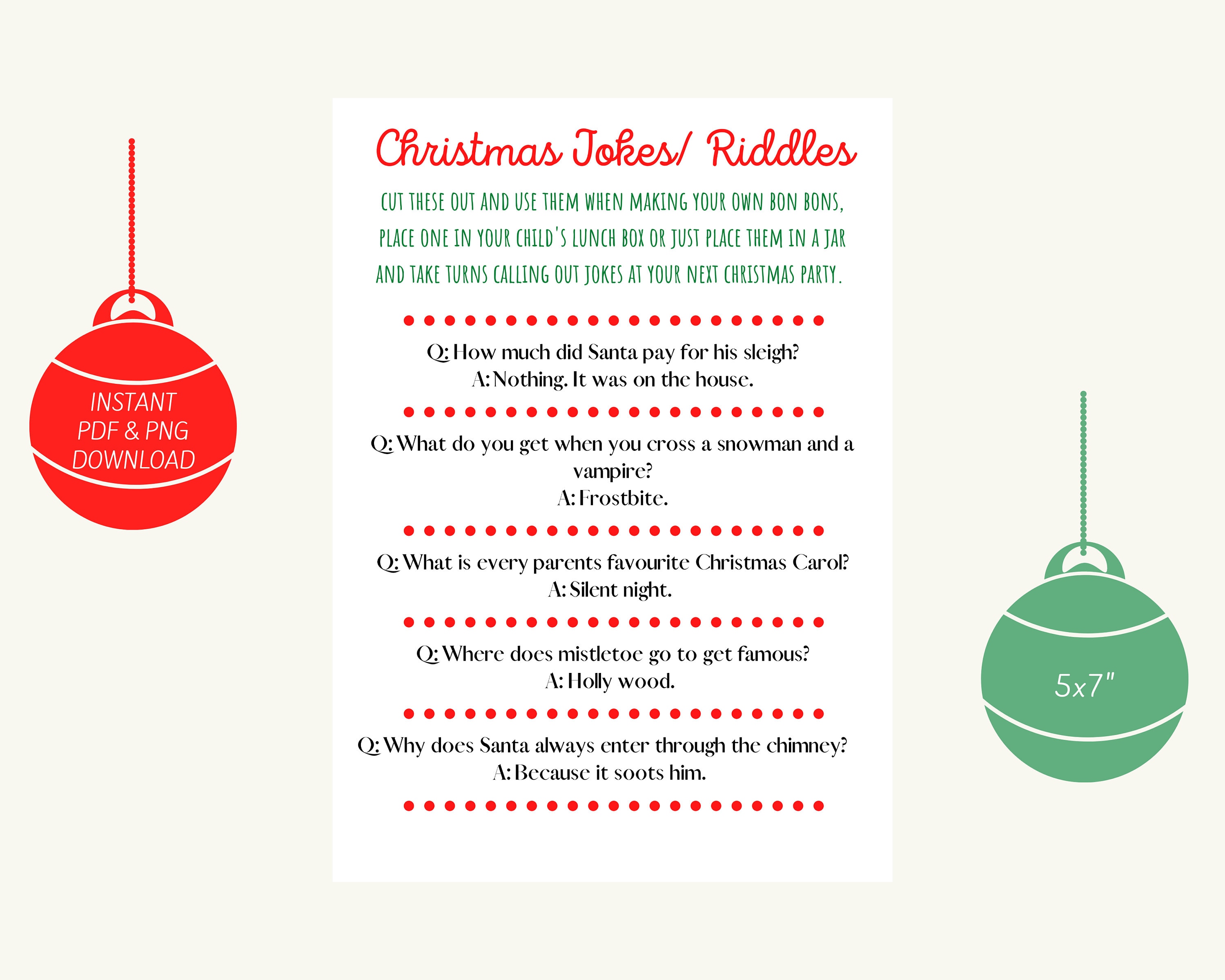 50 Christmas Jokes/ Riddles Printable Kids Lunchbox, Christmas Cracker