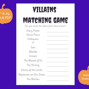 Movie Villain Party Game - Halloween Digital Printable Game - Answers Included