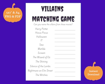 Movie Villain Party Game - Jogo digital para impressão de Halloween - Respostas incluídas