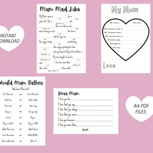 Puede incluir: Un paquete de actividades imprimibles para el Día de la Madre con cuatro páginas imprimibles diferentes. Las páginas incluyen un juego de Mad Libs, una página para completar "Mi Mamá", un juego "¿Qué preferiría Mamá?" y una carta "Querida Mamá". Las páginas están todas en blanco y negro y están diseñadas para imprimirse en papel A4.