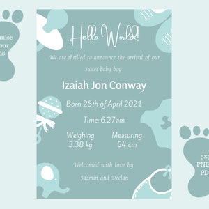 Baby Birth Announcement - Birth Details - Digital Personalised Print