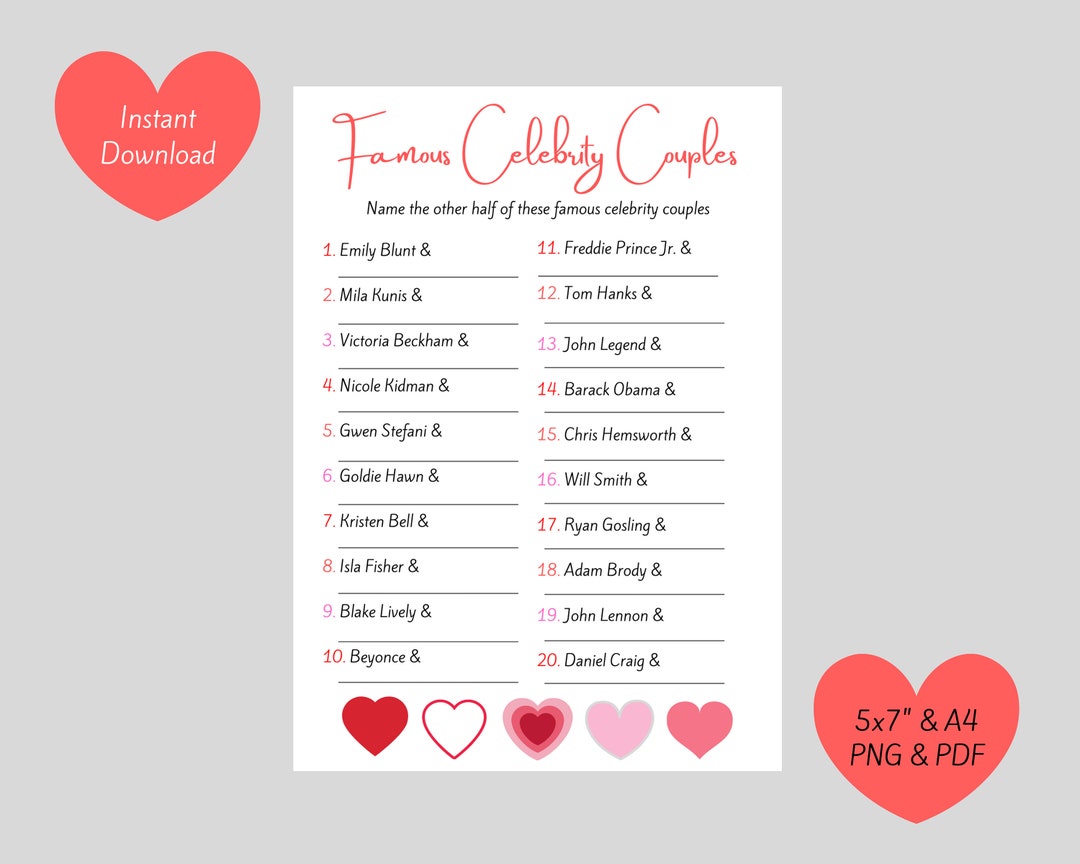 Famous Celebrity Couples Game Pop Culture/ Valentine's/ Valentine's Day ...