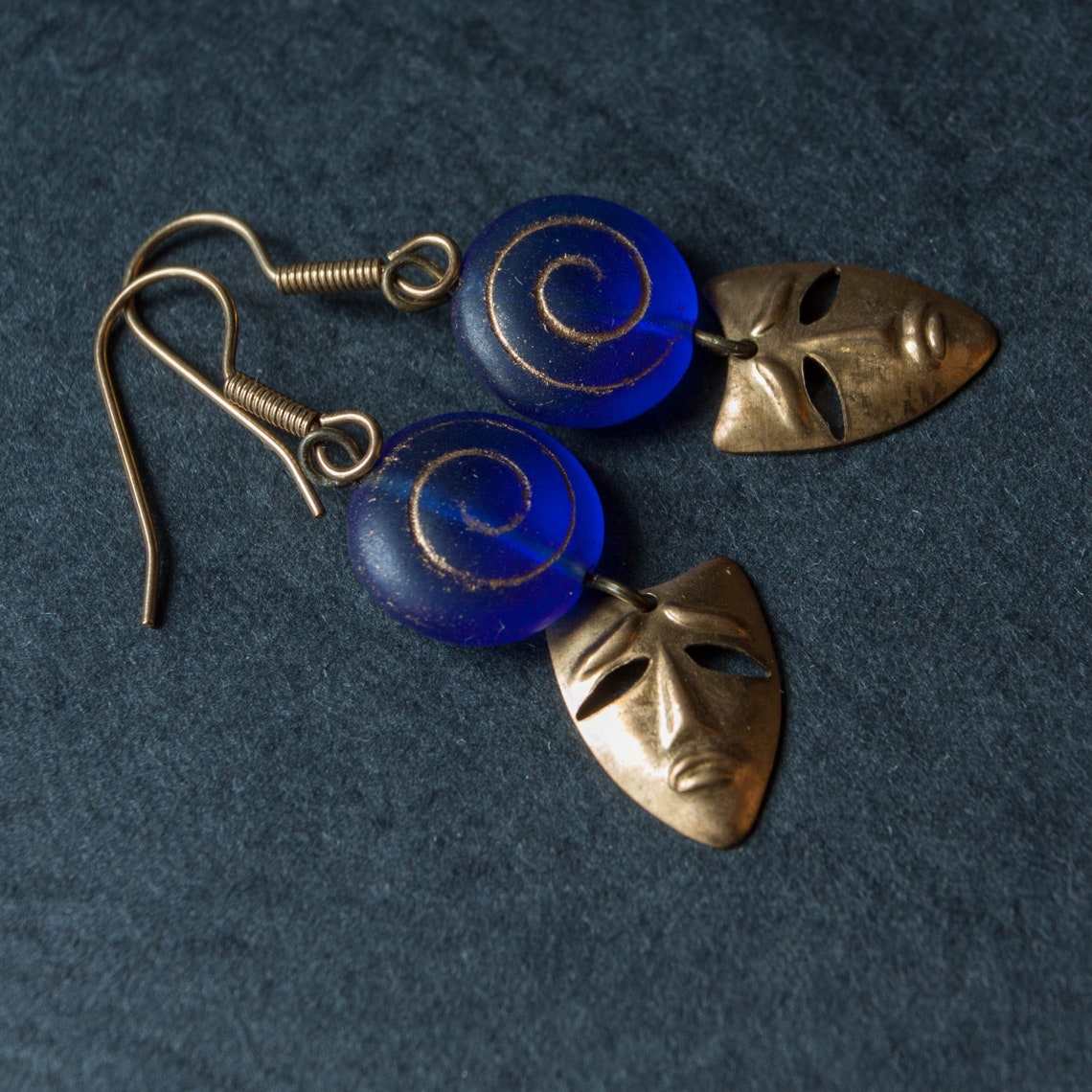 Sad face mask dangling earrings Bronze and blue jewelry Etsy
