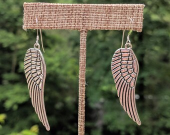 Large Angel Wing Metal Earrings, Pewter set in Sterling Silver Ear Wire, Guardian Angel, Double Sided, Divine Wings, Spiritual Jewelry