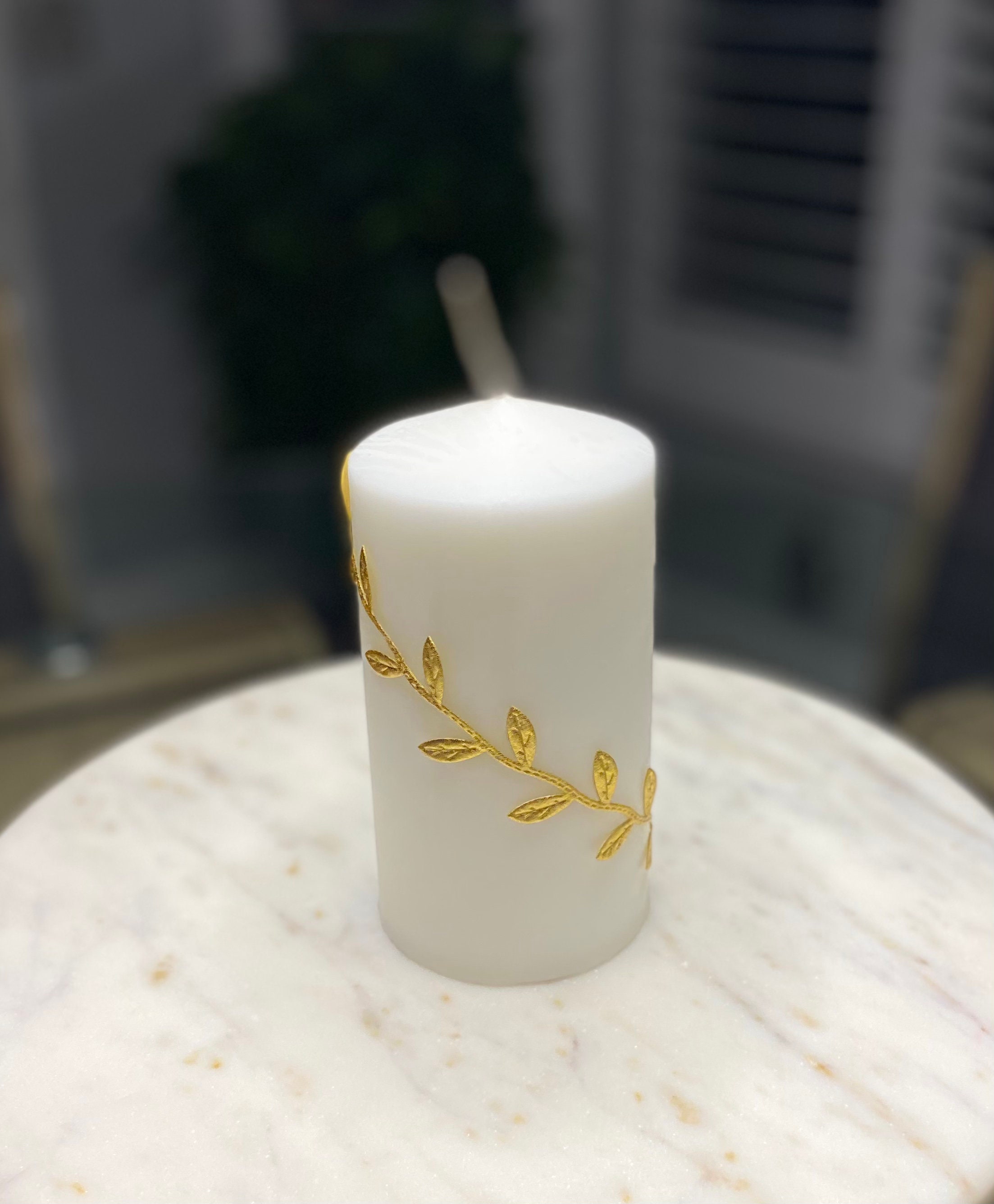 White Pillar Candle With Gold Leaf Accents Etsy