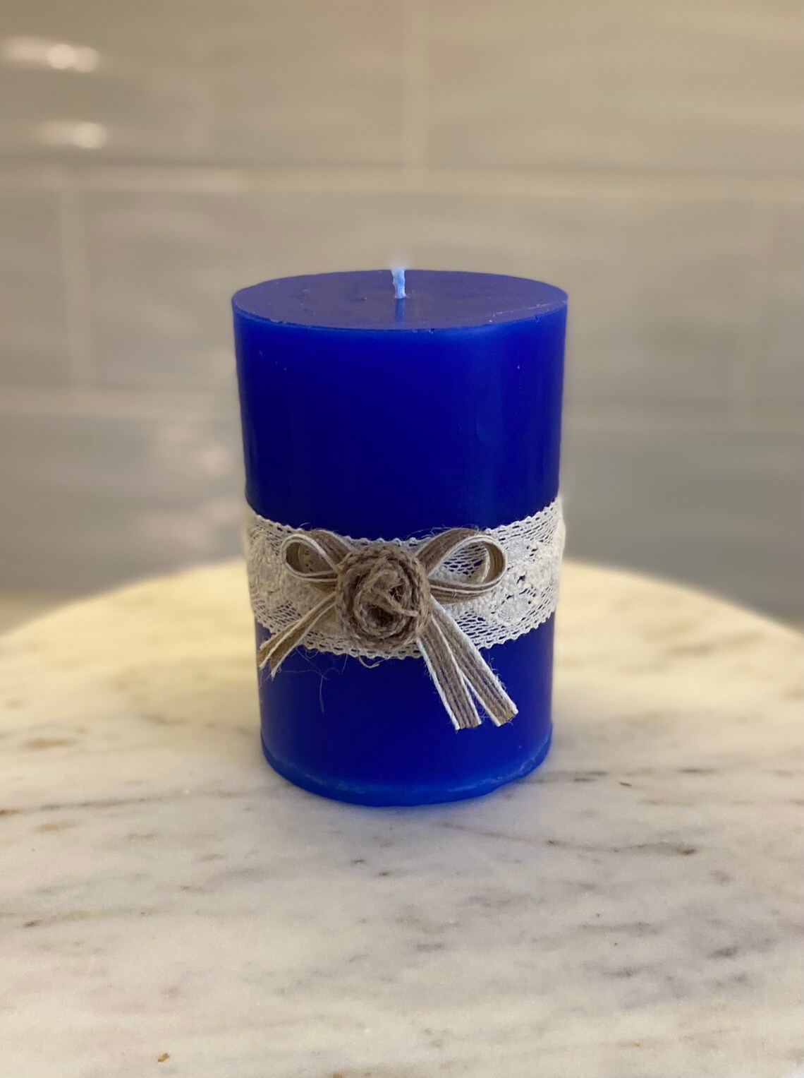 Blue Pillar Candle With Soft Accents Etsy
