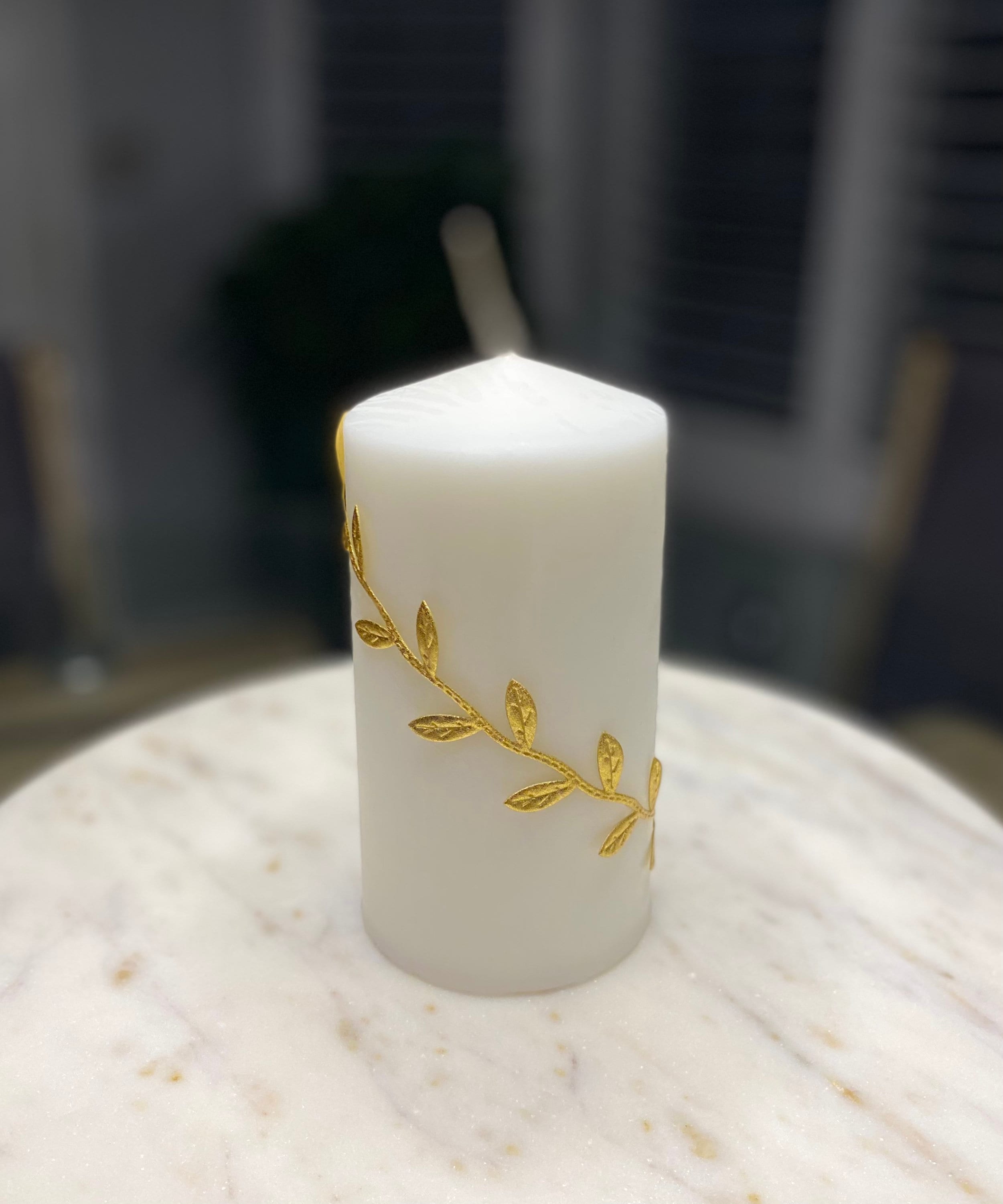 White Pillar Candle With Gold Leaf Accents Etsy