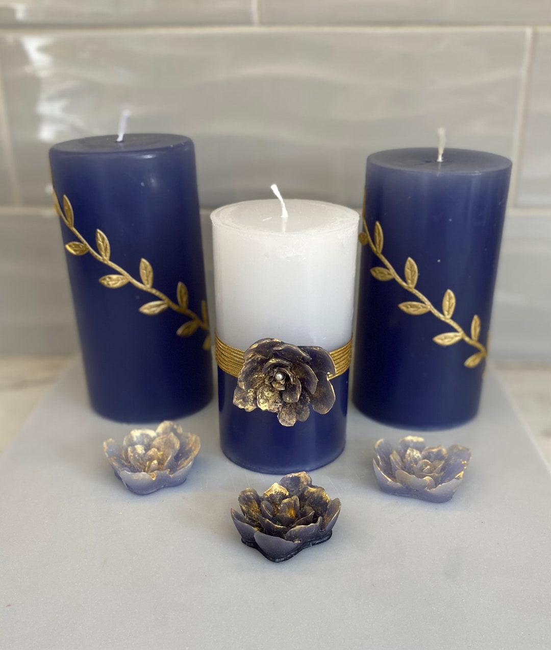 Smoked Blue Pillar Candle Set Etsy