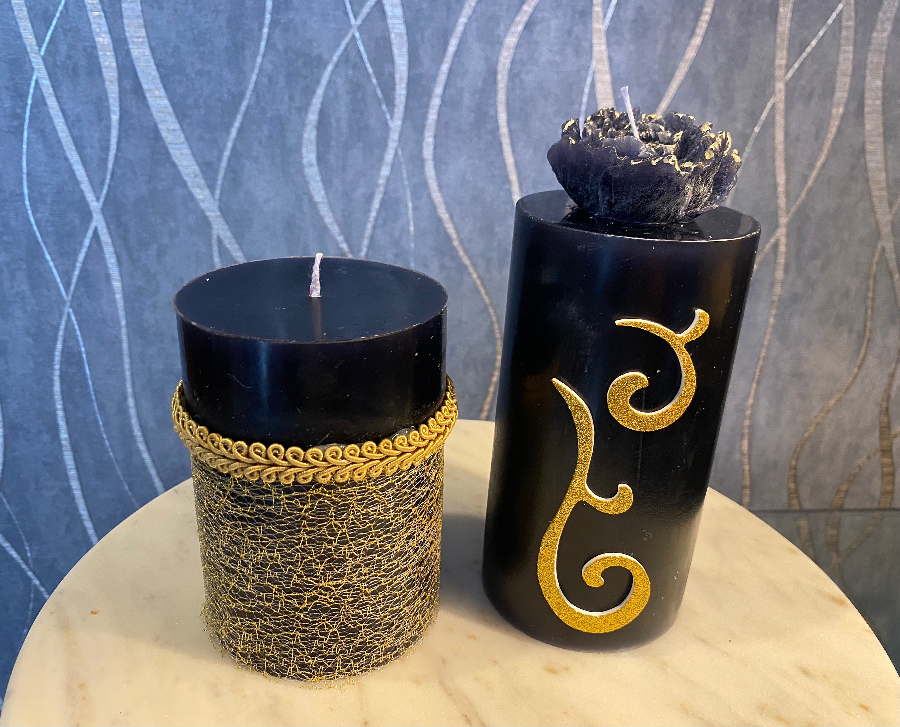Black and gold pillar candle set of 2 Etsy